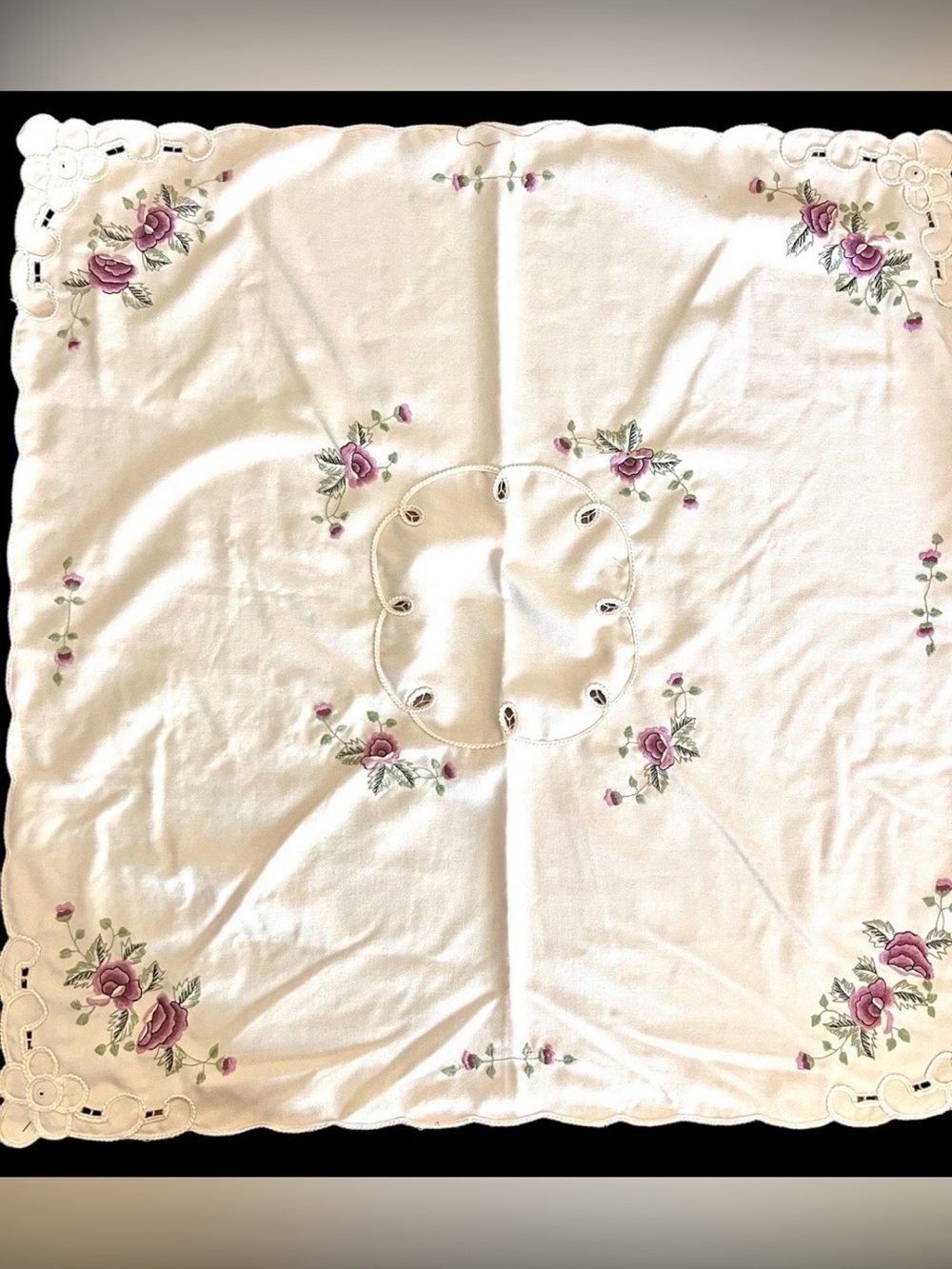 Vintage Cream Purple Floral Tablecloth Scalloped 33x31" Table Scarf Cottagecore